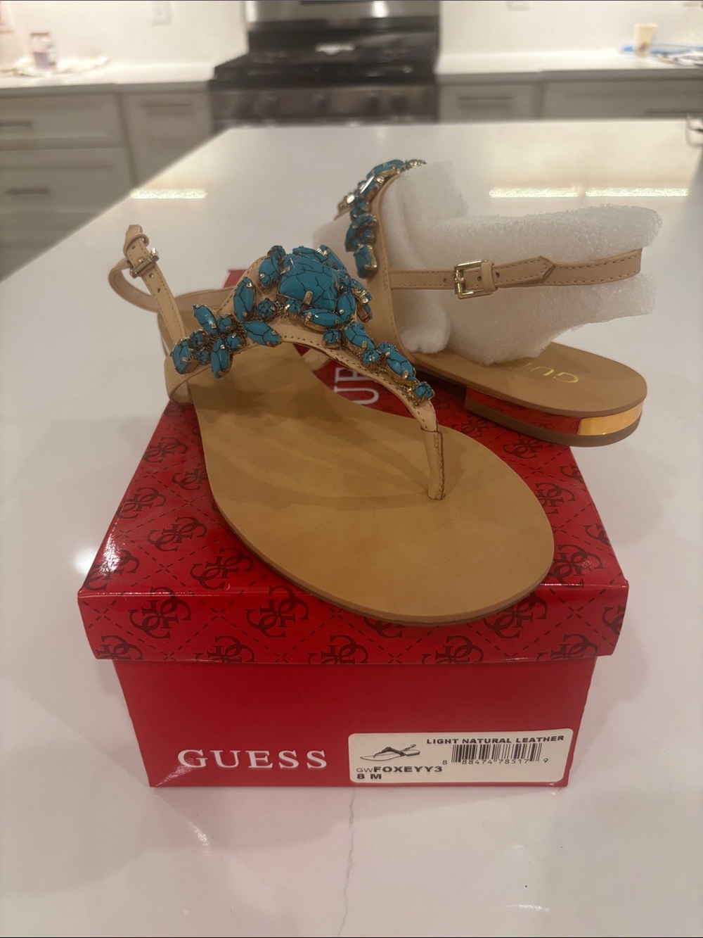 GUESS Tan Sandals with Turquoise Jewel Embellishments